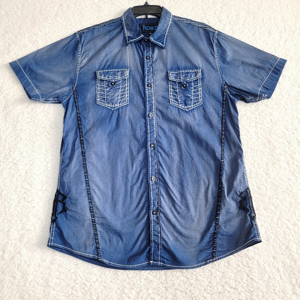 Roar Button Down Shirt Mens Large Blue Short Sleeve Contrast Stitch ~ Western